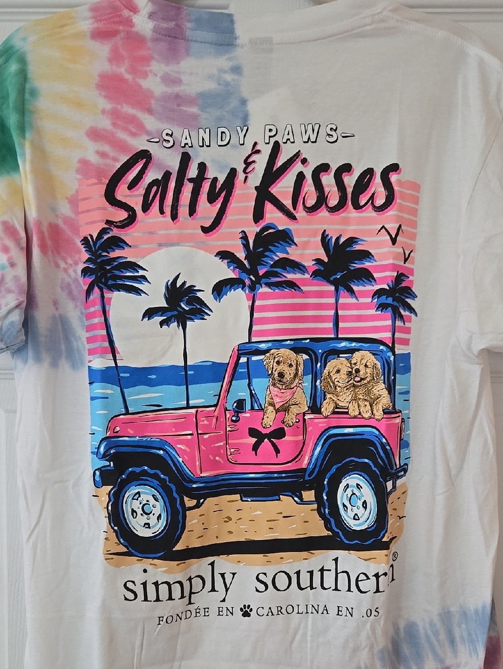 NWT Simply Southern White Tie-Dye 'Salty Kisses' Tee with Pink Jeep & Puppies - Picture 2 of 4